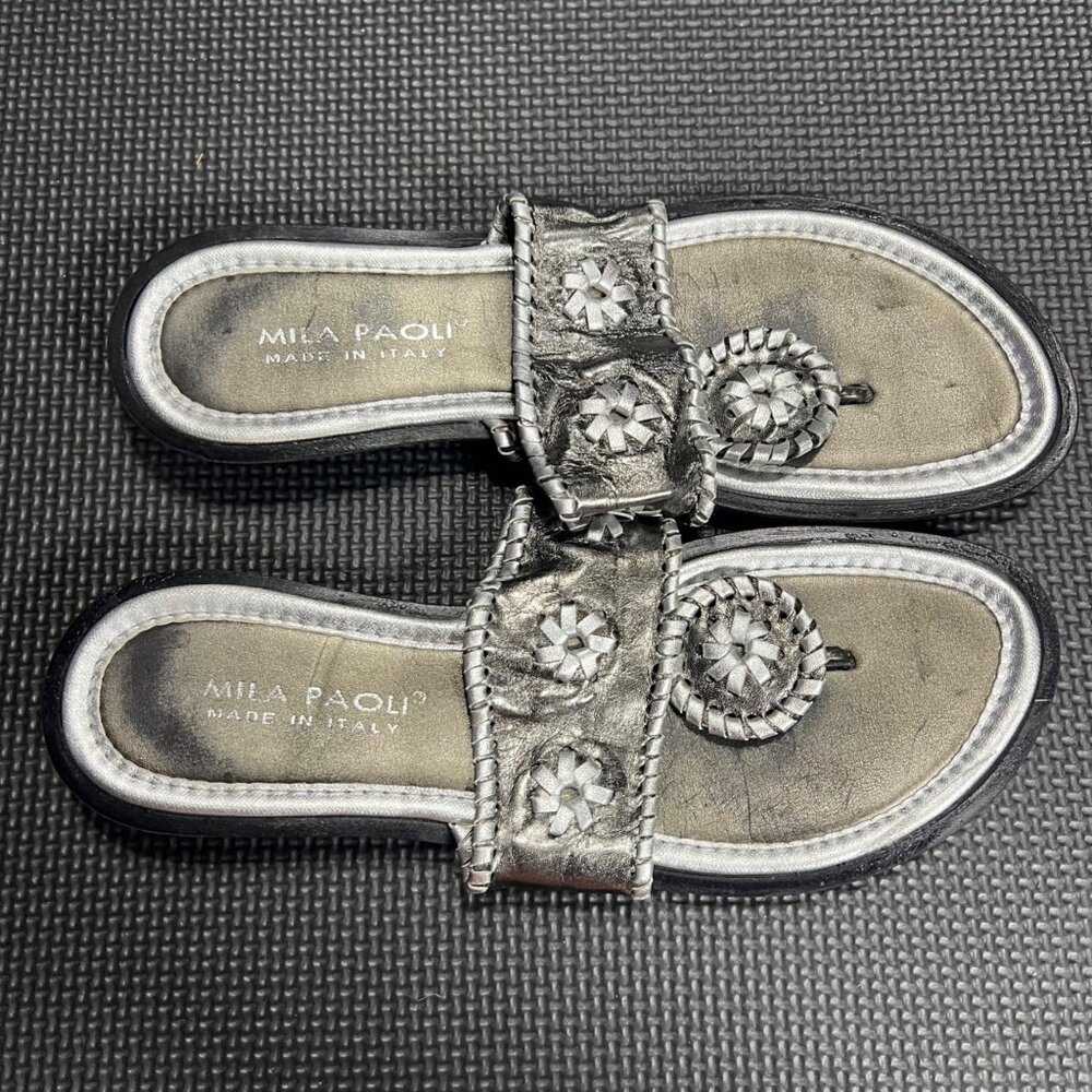 Mila Paoli Womens Silver Leather Slide Sandals With Floral Details Made In Italy - Picture 5 of 5